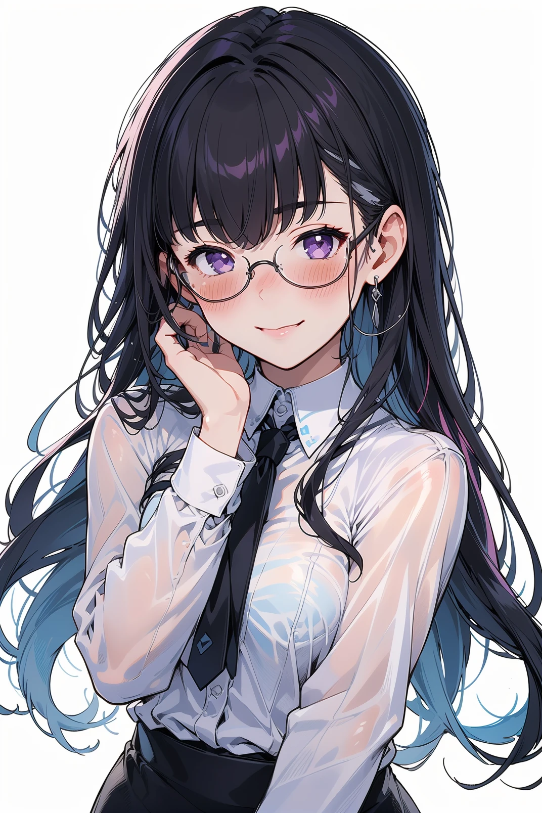 1girl, solo, masterpiece, best quality, selena, black hair, multicolored hair, bangs, long hair, purple eyes, office lady, dress shirt, long sleeves, pencil skirt, mini skirt, glasses, evil smile, thighhighs, looking at viewer, shiny hair, shiny skin, standing, white background, upper body, arms between legs, (blush:1.5), small breast,