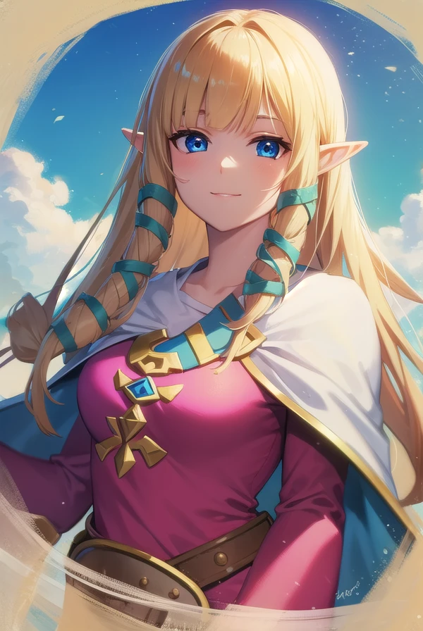 princesszelda, <lora:zelda skyward sword-lora-nochekaiser:1>,
zelda skyward sword, blonde hair, blue eyes, long hair, pointy ears, sidelocks, elf, bangs, blunt bangs, ribbons, hair ribbons, smile,
BREAK belt, cape, dress, long sleeves, (pink dress:1.2), (white cape:1.2),
BREAK outdoors, nature, forest, trees, grass, sun, sky, clouds,
BREAK looking at viewer,
BREAK <lyco:GoodHands-beta2:1>, (masterpiece:1.2), best quality, high resolution, unity 8k wallpaper, (illustration:0.8), (beautiful detailed eyes:1.6), extremely detailed face, perfect lighting, extremely detailed CG, (perfect hands, perfect anatomy),