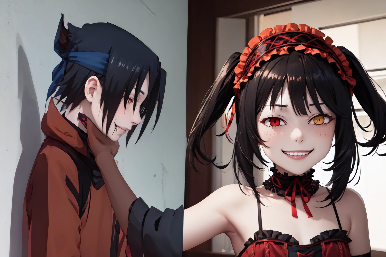 IncrsChokeMeme, <lora:SasukeChokeEditsMeme:1>, KurumiBase, (clock eyes), heterochromia, twintails, hairband, red dress, frills, detached sleeves, frilled choker, <lora:Char_DateALife_TokisakiKurumi:0.9>, IncrsAnyasHehFaceMeme, grin, smug, <lora:Pos_AnyasHehFaceMeme:0.9>