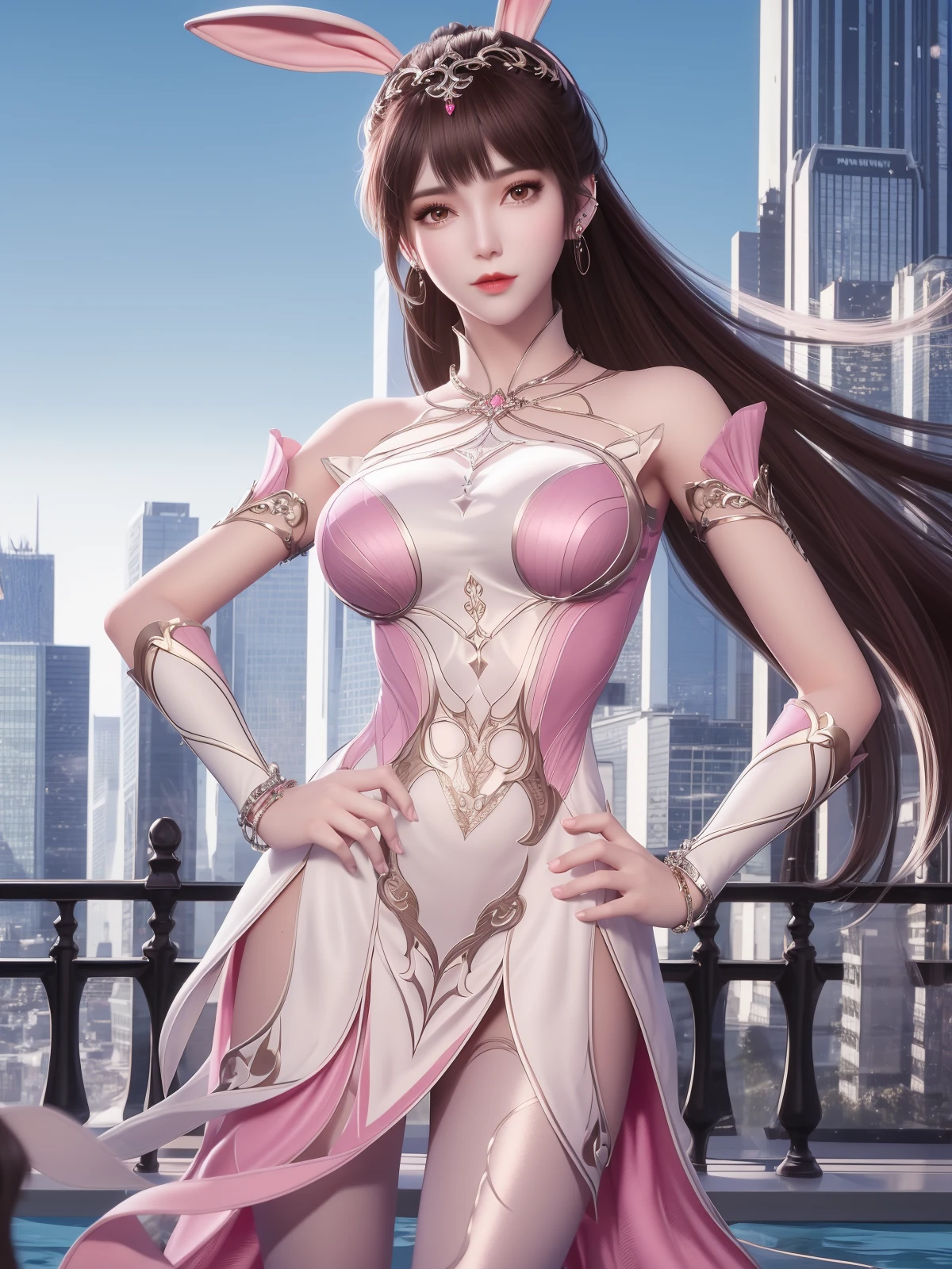 DLDLxiaowu, 1girl,solo, dress, rabbit ears, long hair, brown hair, ponytail, hair ornament,metal collar,wrist cuffs, <lora:DLDLxiaowuGFTEST:0.75>,cityscape, pool, looking at viewer, thighhighs, pink dress,jewelry,earrings,