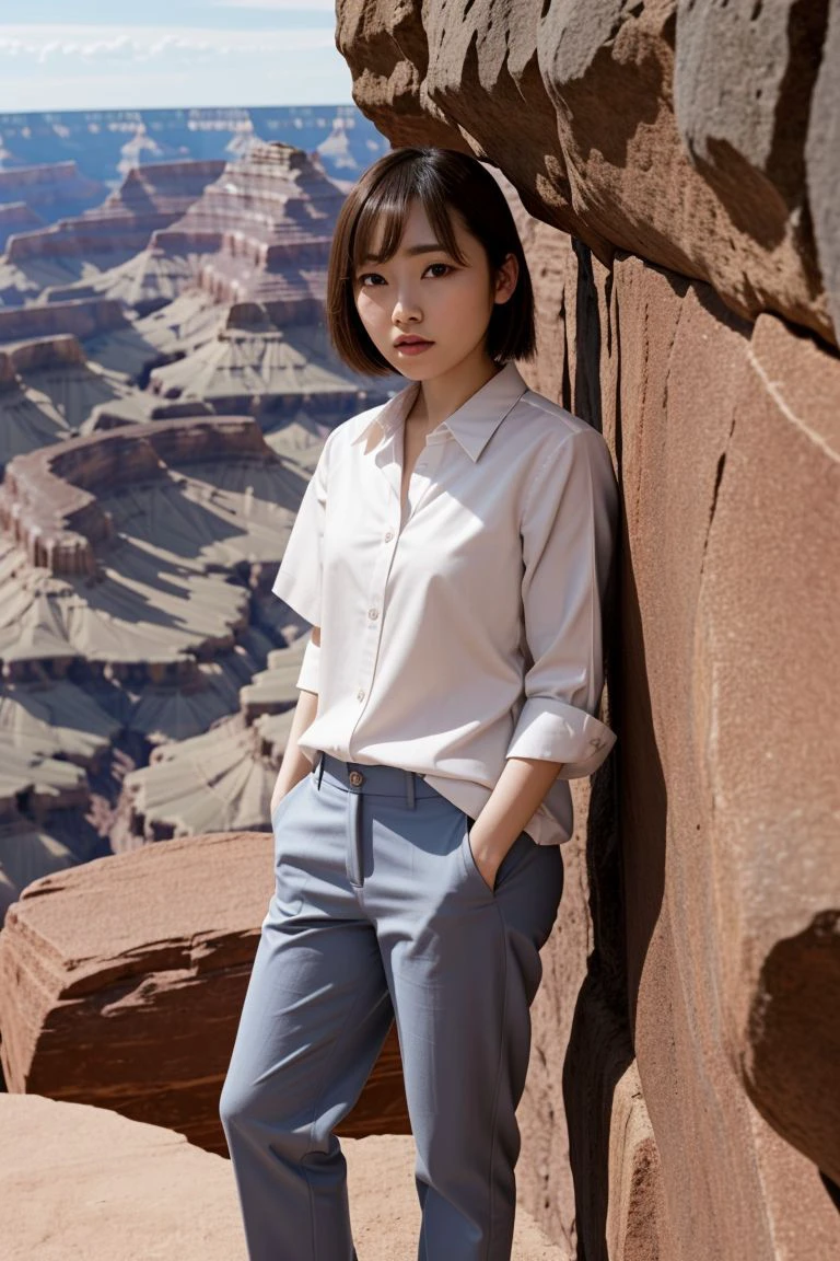 <lora:anjou_kozuki_obj20:0.5>, full_body, standing, sandals, (shirt), pants, (grand canyon), (anjou_kozuki: 1.2), perfect face, (contact iris: 1.1), pale skin, skin pores , depth of field