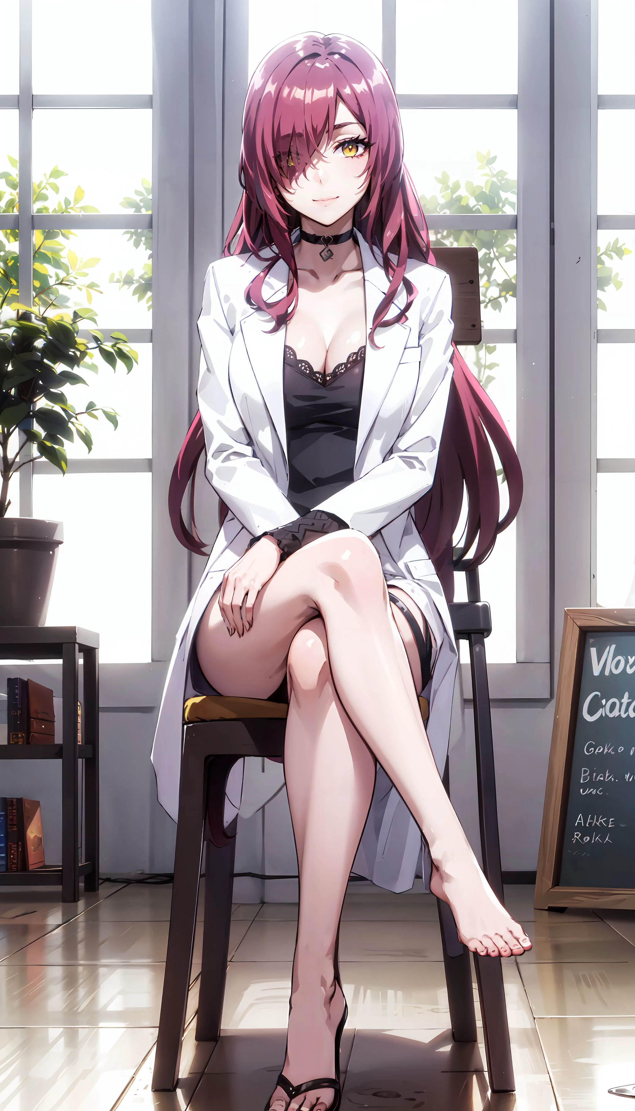 photorealistic, (4k), depth of field, (Masterpiece), (realistic skin texture), extremely detailed, intricate, hyper detailed, professional photography, bokeh, depth of field, high resolution, sharp detail, best quality, woman, <lora:Laine:0.7> lab coat, long hair, pink hair, black choker, yellow eyes, one eye covered by hair, crossed legs, full body, <lora:BetterFeet:0.8> <lora:GoodHands-vanilla:0.8> , <lora:DDC_v2:0.6> , sitting,