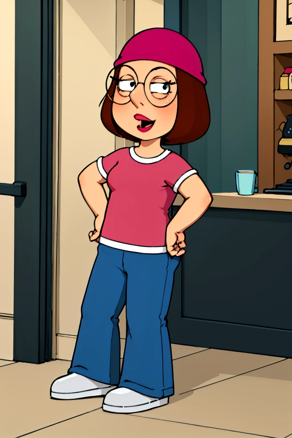 meg, 1girl, solo, brown hair, glasses, hat, shirt, pink shirt, pants, short hair, blue pants, beanie, flat color, short sleeves, standing, window, pink headwear, open mouth looking at viewer, smile,hand on hip, <lora:Meg(FG)1.0:0.8>
