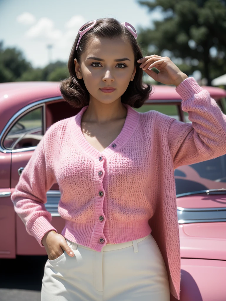 racha311i3ghc00k, full body, outside 1950's drive in restaurant, posing in the parking lot, 1950's style cars in the background, pink cardigan, white blouse, hairclip, upper body, <lora:Rachael_Leigh_Cook_PMv1_Lora:1.3>,, RAW candid cinema, 16mm, color graded portra 400 film, remarkable color, ultra realistic, textured skin, remarkable detailed pupils, realistic dull skin noise, visible skin detail, skin fuzz, dry skin, shot with cinematic camera, ((Cinematic Still-Shot))