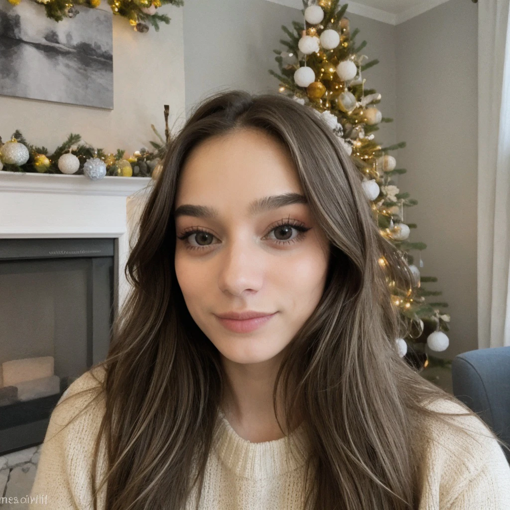 Close up portrait of a young woman, smiling, (busty) loose curled hair, christmas themed, symmetrical face, reflective watery eyes, looks at the camera, stunning photography, photorealistic, art station, soft pastel colours, highly detailed, intricate, path tracing, illustration, insanely detailed, shadow mapping volumetric light, specular lighting