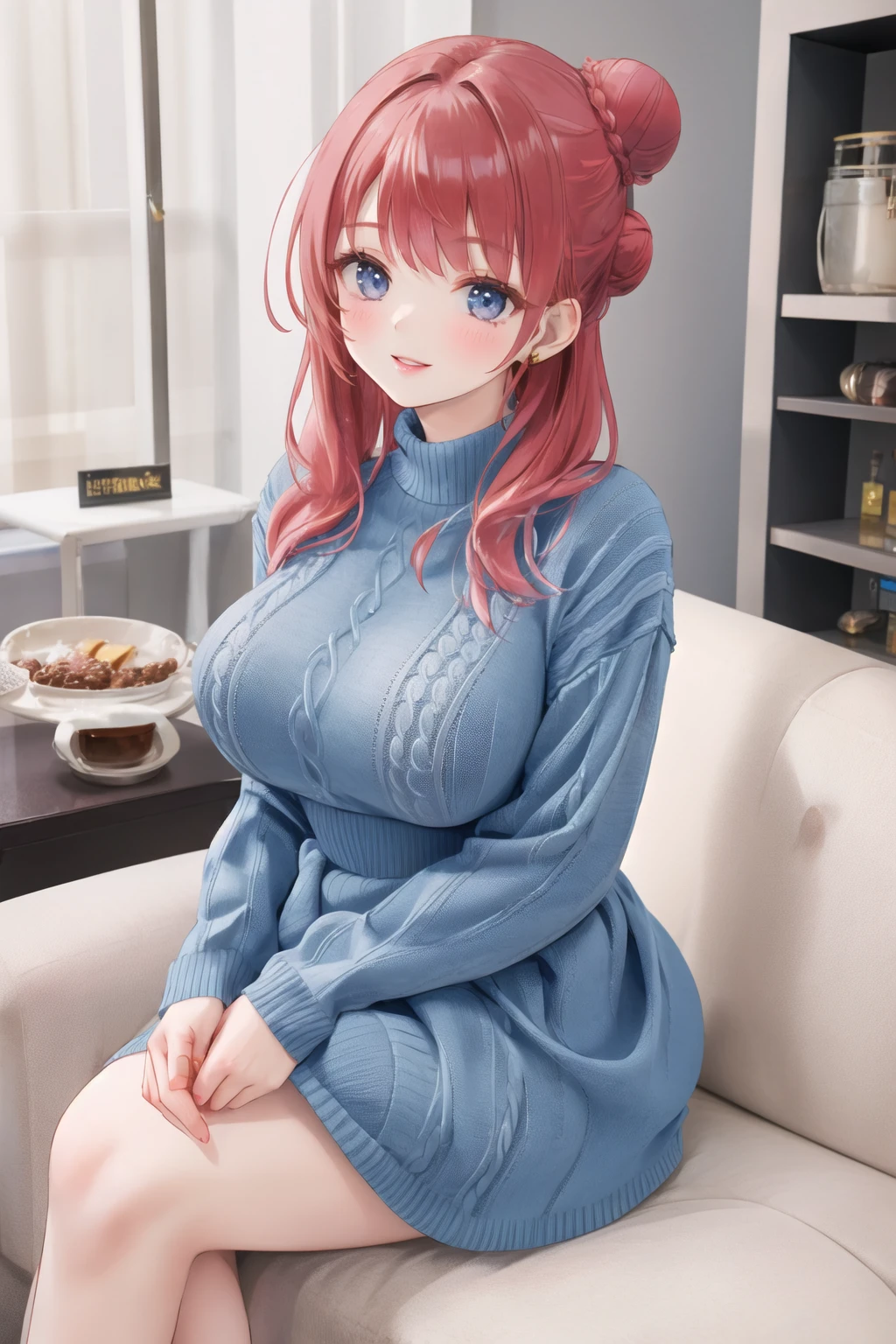 <lora:WaistSweat5-10:0.6>, (waist sweater dress), large breasts, lips, smile, indoors, sitting, red hair, hair bun