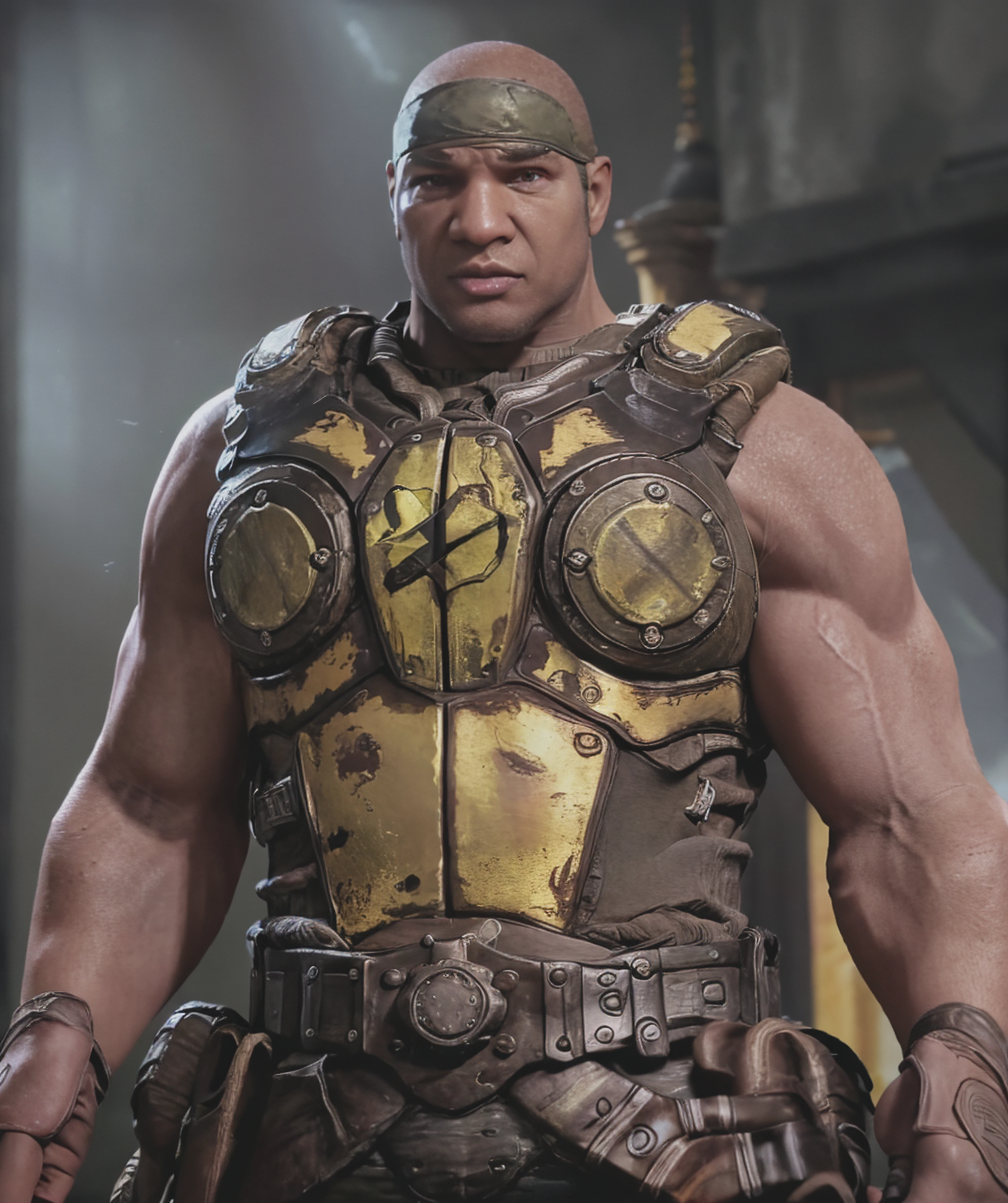 cole_train, armor, dark skin, standing, head band, (bald:1.1), headband, big muscle <lora:Augustus_Cole:0.85>