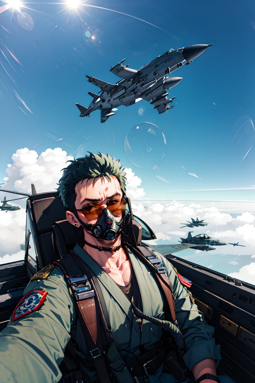 <lora:yomama_fighter_jet_pilot_selfie_v2-10:0.85>yomama_fighter_jet_pilot_selfie_v2, 1girl, clouds, sky, jet, <lora:onepiece_zoro:0.6> roronoa zoro, muscular male, scar, scar across eye, japanese clothes, green kimono, short spiky green hair, gas mask, pipe, sunglasses,