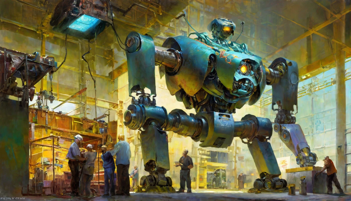 kerokeyart,
The huge robot in the maintenance station is surrounded by mechanics. Only the upper body of the robot is shown in the picture, which has a strong structure. There are scaffolding and robotic arms on the side.
Best quality and rich in detail <lora:kerokeyart :1>