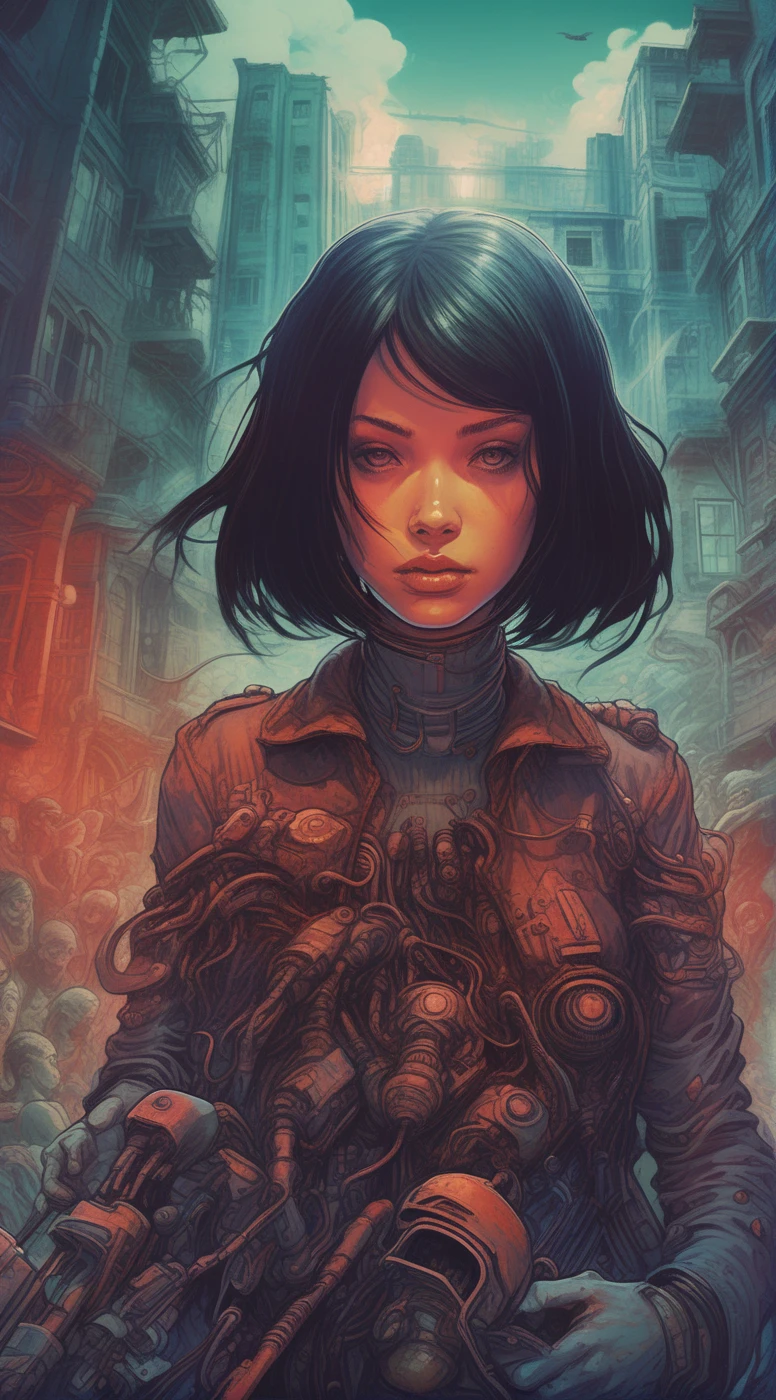 red sky white sun, frame still from the movie Blade Runner, black ink flow, two tone masterpiece by Agnes Cecile, concept art, intricately detailed, complex,