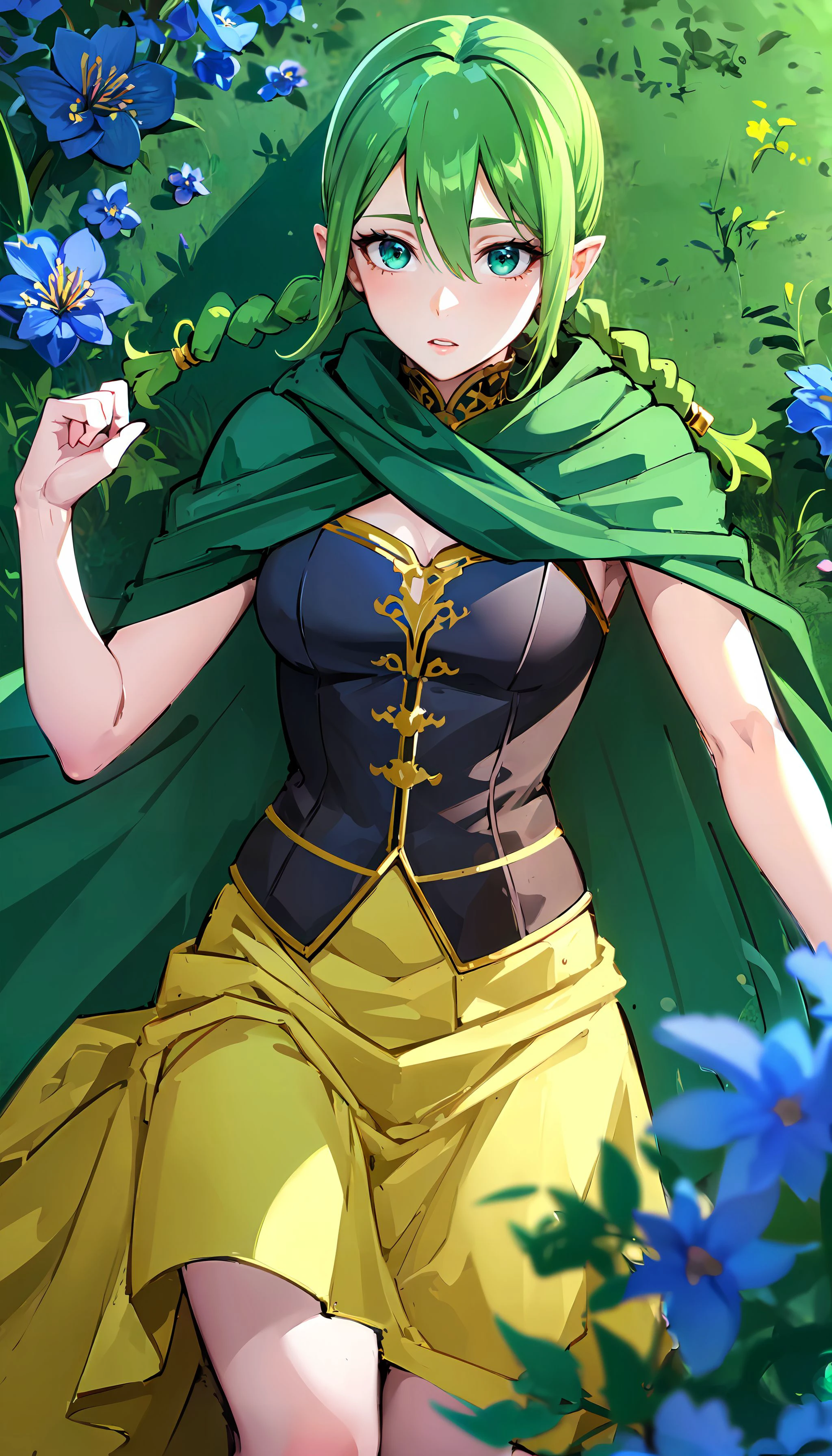photorealistic, (4k), depth of field, (Masterpiece), (realistic skin texture), extremely detailed, intricate, hyper detailed, high resolution, sharp detail, best quality, woman, green pigtails, green eyes, green cape, yellow skirt, <lora:Zephan:0.7> , (arm at her side), <lora:BetterFeet:0.8> <lora:GoodHands-beta2:0.8> <lora:detail_slider_v4:0.8> , (field of flowers, blue flowers), <lora:background & distence control:-2> , lying in flowers,