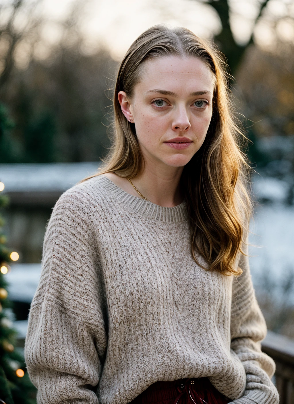 RAW photo of 20 years old amandaseyfried-ti, natural lighting, 8k uhd, dslr, high quality, film grain, Fujifilm XT3, <lora:add_detail:0.7>, by Peter Lindbergh, christmas theme, young, sweater