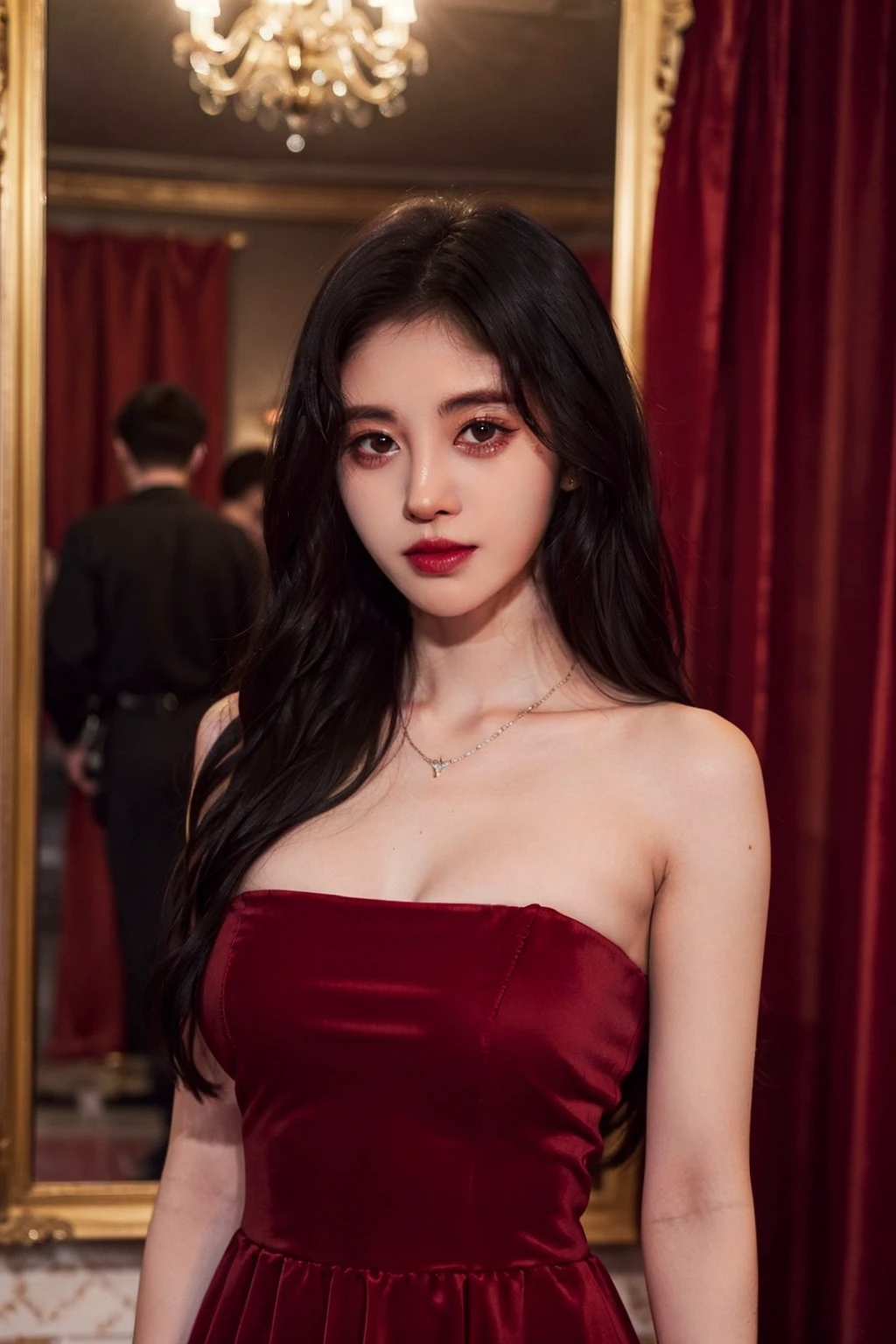 masterpiece,best quality,1girl,upper body,looking at viewer,
black dress, strapless, short dress, princess,
black hair, long hair,
necklace,
Palace, red velvet curtains
<lora:jingyi:0.5>