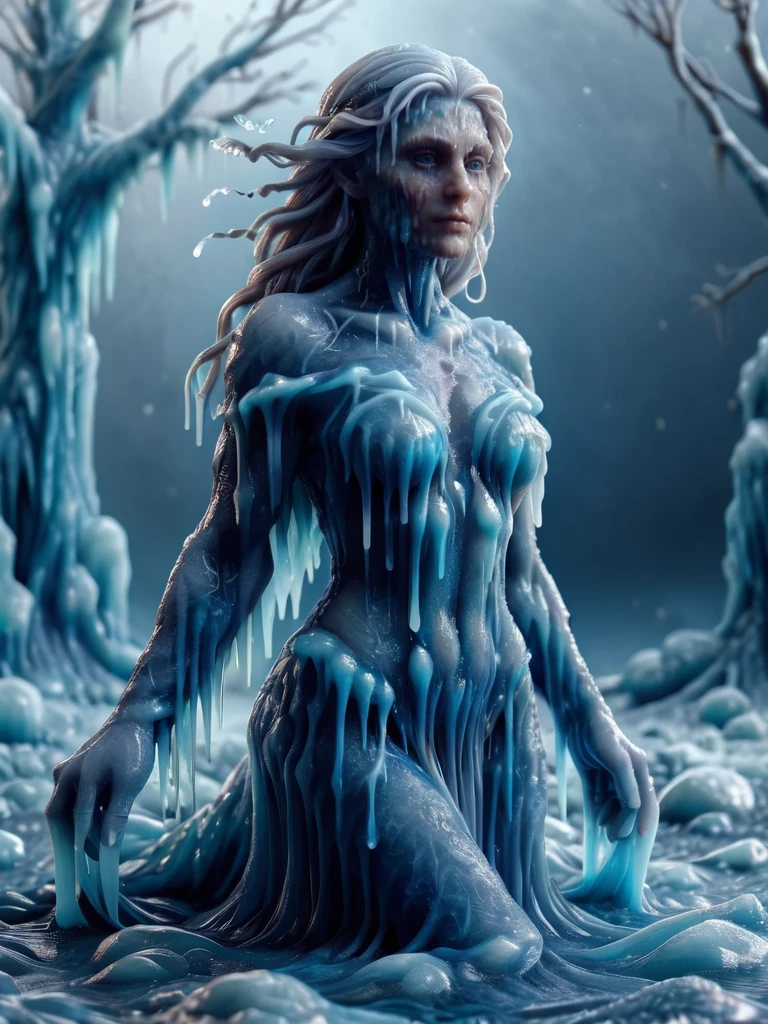 full body shot, a fantasy-inspired ral-frozenslime of a enchanting woman, with elements of magic and mythology, set in a fantastical world, masterpiece, best quality, highres, high contrast, realistic, hair made of ral-frozenslime <lora:ral-frozenslime:1>