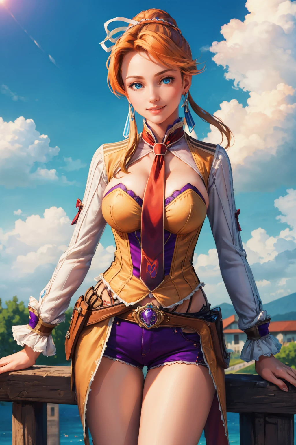 masterpiece, best quality, <lora:yslaxia-nvwls-v1-000009:0.9> ysLaxia, hair ribbon, red necktie, bodice, long sleeves, cleavage, purple shorts, large breasts, cowboy shot, smile, looking at viewer, blue sky, clouds