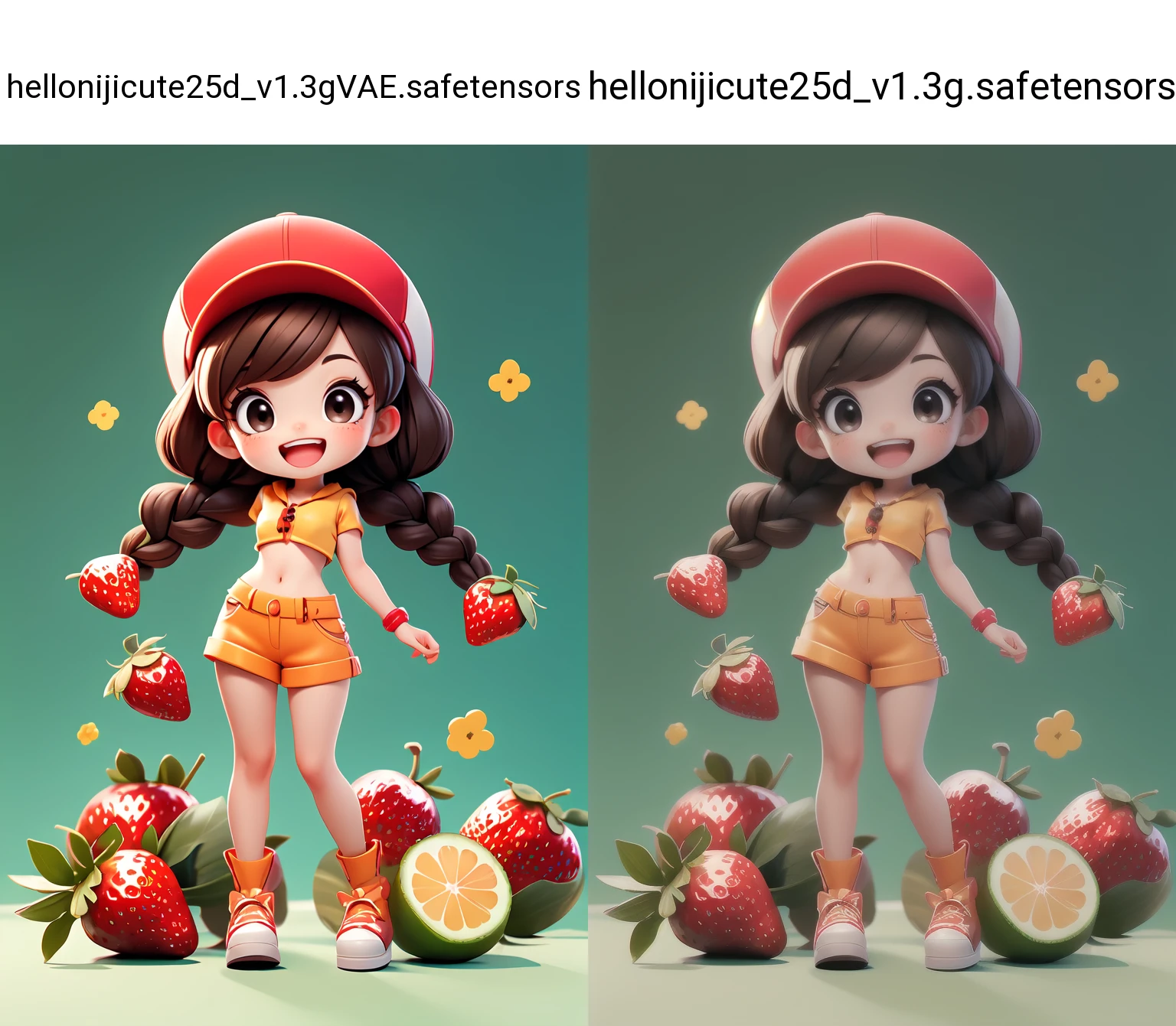 masterpiece,best quality,dramatic, 1girl, solo, long hair, smile, open mouth, bangs, brown hair, hat, strawberry, holding fruit, upper body, braid,chibi, black eyes, twin braids, fruit, red headwear, cropped torso,<lora:GoodHands-beta2:1>, cartoon rendering,