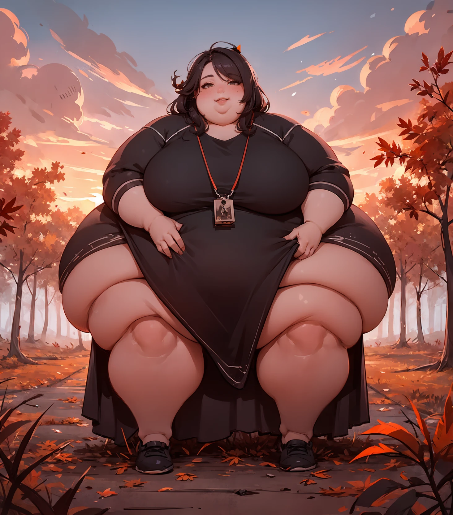 <lora:SyModel-2-0-lyco-extract:1>
(high_aesthetic:1.2), art by tashoelle, art by ccu, (HW Hansen art style),
autumn, autumn leaves, sunset, 
(immobile, gigantic_hips:1.25), medium breasts, masterpiece, impressionism, 1girl, (solo), mature female, (dress), cloud, sky, forest, (sitting:1.2), looking at viewer, smile, arms at sides, messy hair