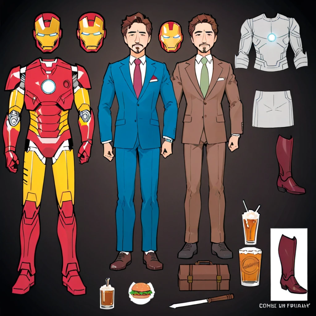 masterpiece,A cartoon-style paper doll of Tony Stark, dressed in a sleek, modern suit with a charismatic smile. The doll set includes additional accessories: a set of Iron Man armor pieces, detailed and vibrant, allowing for a transformation from business mogul to superhero. Alongside the armor, there are two more playful accessories - a realistic-looking hamburger and a glass of whiskey, capturing Tony's indulgent and carefree side. Each accessory is crafted to fit seamlessly with the paper doll, offering a range of storytelling and display possibilities,  <lora:papperdollfix2:0.75>