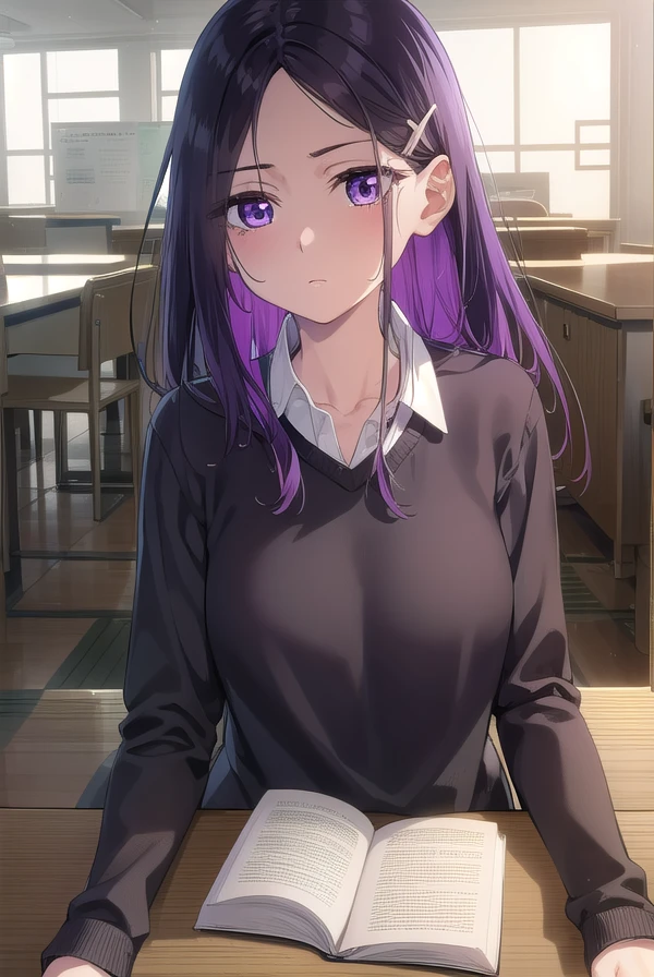 sayuriakino, <lora:sayuri akino manga-lora-nochekaiser:1>,
sayuri akino, long hair, hair ornament, hairclip, purple hair, (purple eyes:1.1), (forehead:1.2),
BREAK shirt, white shirt, collared shirt, sweater, black sweater,
BREAK indoors, classroom,
BREAK looking at viewer, (cowboy shot:1.5),
BREAK <lyco:GoodHands-beta2:1>, (masterpiece:1.2), best quality, high resolution, unity 8k wallpaper, (illustration:0.8), (beautiful detailed eyes:1.6), extremely detailed face, perfect lighting, extremely detailed CG, (perfect hands, perfect anatomy),