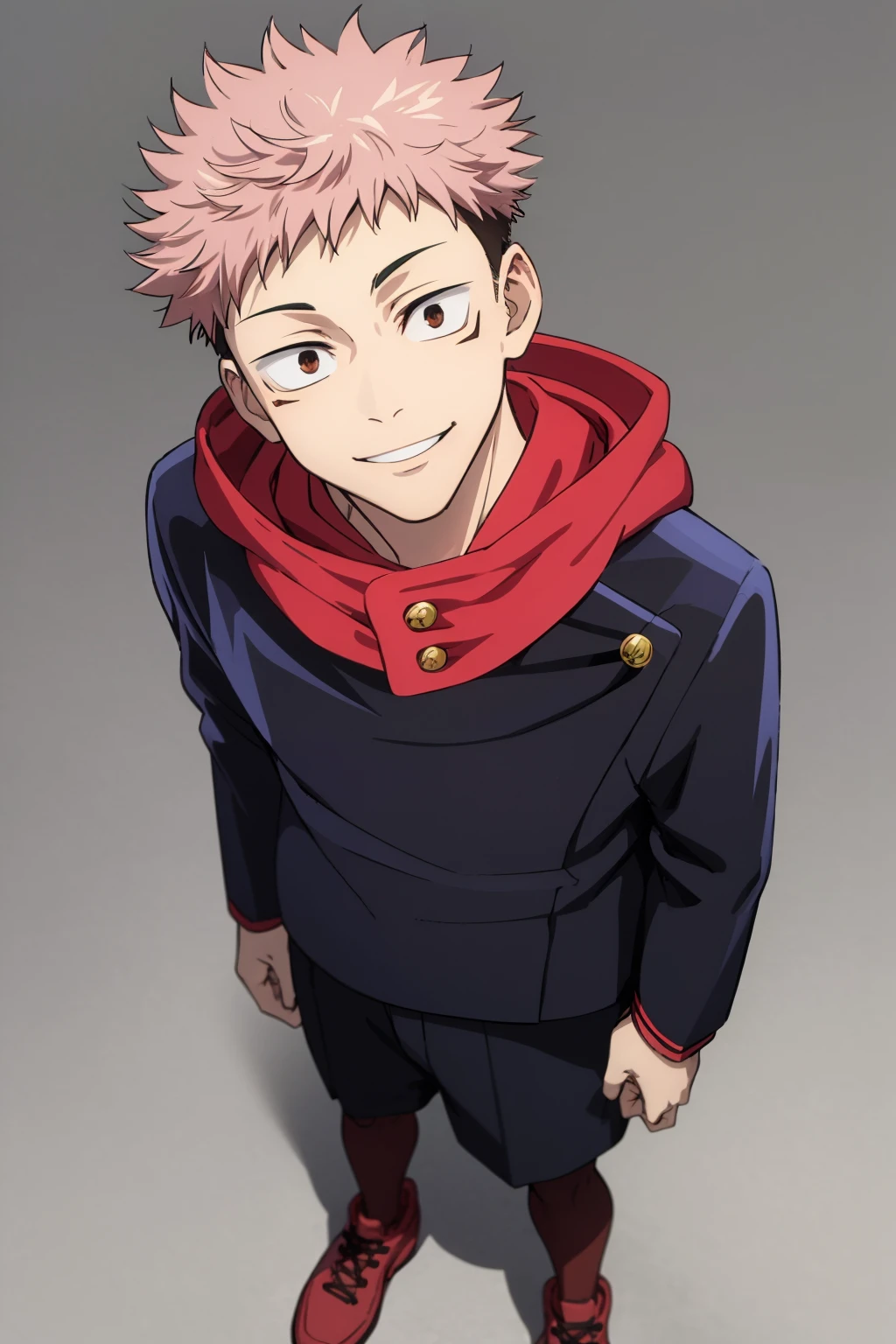 masterpiece, best quality, 1boy, itadori yuuji, pink hair, spiked short hair, undercut, brown eyes, facial mark, red footwear, red hoodie, school uniform, shoes, gakuran, jacket, long sleeves, black pants, standing, full body, solo, looking at viewer, smile, simple background <lora:Itadori:1>