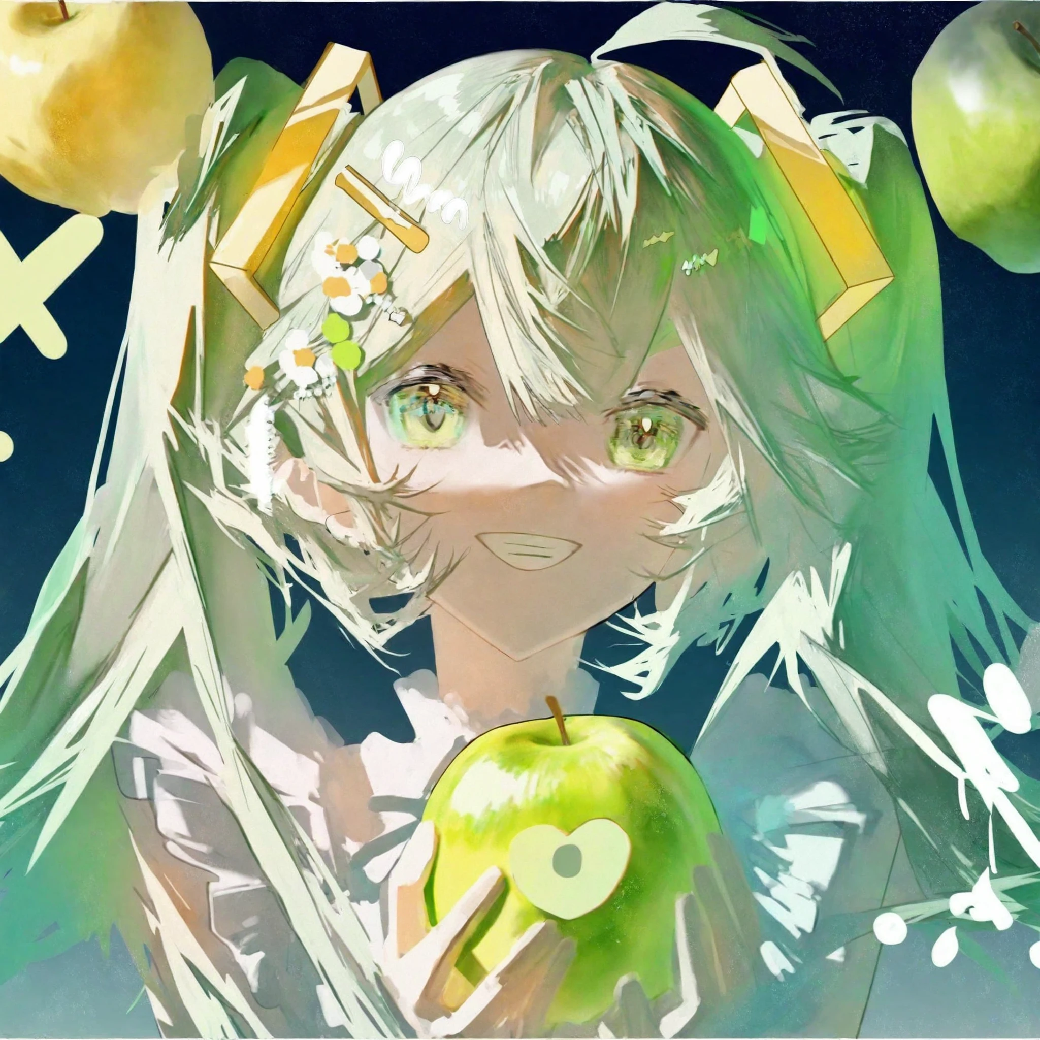 by glutton, best quality, 1girl, hatsune miku, solo, pseudo impasto, portrait, blue background, looking at viewer, holding fruit, grin, teeth, yellow eyes, green eyes, green hair, long hair, x hair ornament, twintails, bangs, hairclip, ribbon, earrings, wings, apple, white flower, light particles