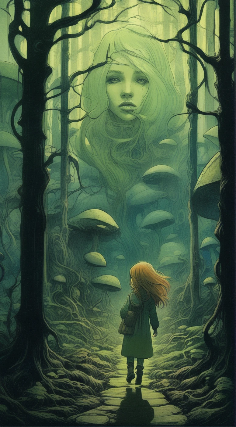 drawix4 girl in old forest, a dark and mysterious world unfolds, enigmatic dreamscape surrealistic <lora:drawix4:1>