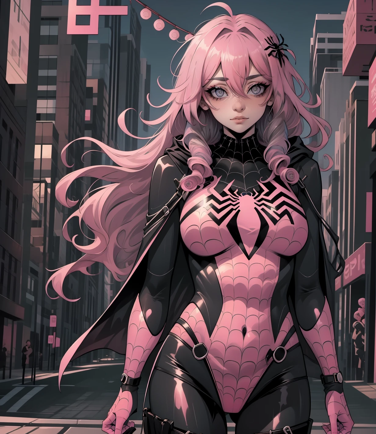 spider_oc, pink theme, yukimuro, 1girl, pink hair, black eyes, jacket, hood, lips, (pink bodysuit: 1.1), superhero, hooded bodysuit, city, solo, <lora:spider_oc-06:1>, <lora:Yukimuro-02:1>