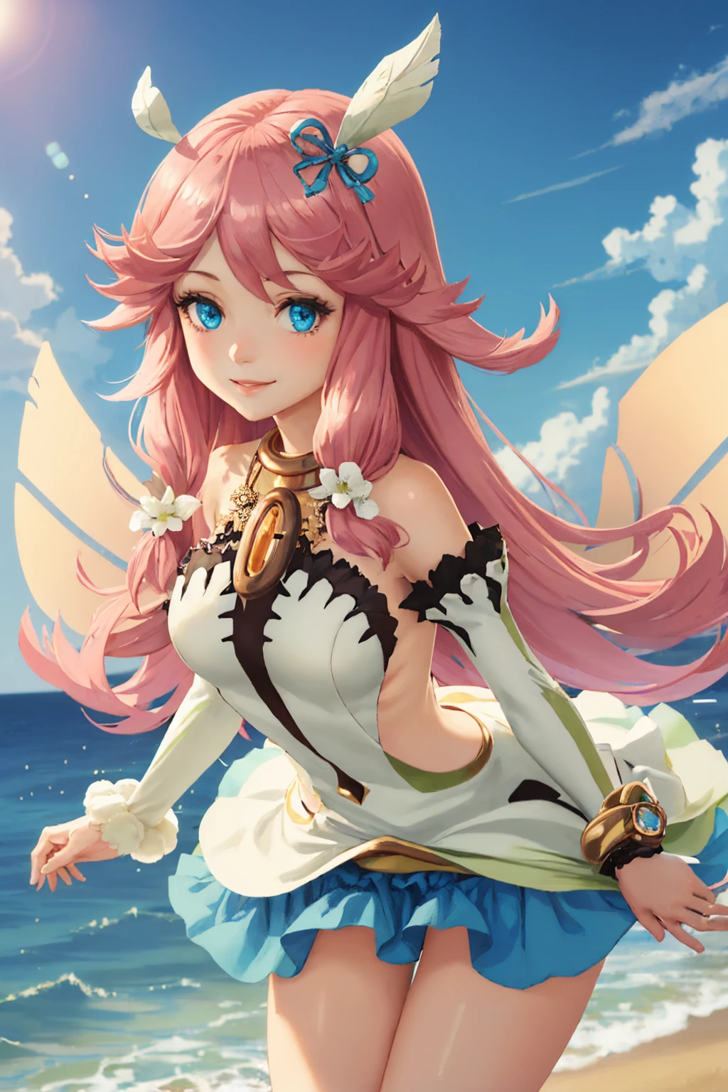 (masterpiece, best quality:1.2), solo, 1girl, notte, smile, looking at viewer, hair flower, dress, detached sleeves, skirt, fairy wings, large breasts <lora:dragalialost_notte:1>