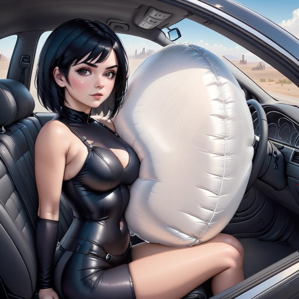 airbagcrash, Sasha Calle, 8k, high quality digital art, (sexy 24 year-old woman in drivers seat of a sedan, (her body pressing into giant inflated passenger airbag)), behind view, sexy, petite, thin athletic, tight fitting black clothing, very short cut black hair, goth, pale, 