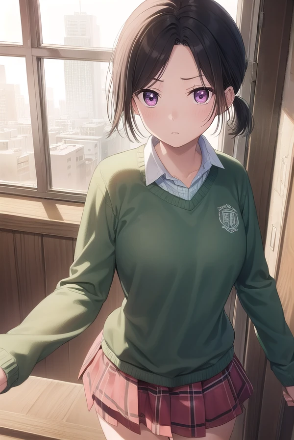 asahishounan, <lora:asahi shounan manga-lora-nochekaiser:1>,
asahi shounan, short hair, ponytail, (parted bangs:1.5), (pink eyes:1.3),
BREAK skirt, plaid, plaid skirt, sweater, long sleeves, shirt, white shirt, collared shirt, (green sweater:1.5),
BREAK indoors, classroom,
BREAK looking at viewer, (cowboy shot:1.5),
BREAK <lyco:GoodHands-beta2:1>, (masterpiece:1.2), best quality, high resolution, unity 8k wallpaper, (illustration:0.8), (beautiful detailed eyes:1.6), extremely detailed face, perfect lighting, extremely detailed CG, (perfect hands, perfect anatomy),