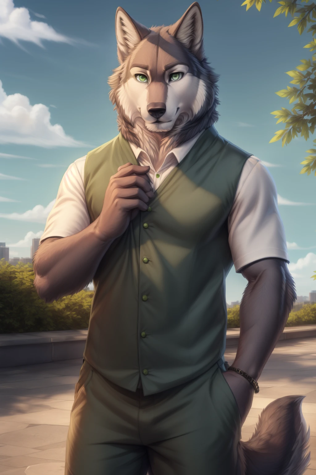 <lora:shoichi-08:1>, shoichi, (green eyes:1.2), (wolf tail:1.2), (dark blue fur), (posing:1.3), (soft shading), 4k, hi res, five fingers, detailed hands, ((detailed face, (detailed eyes:1.5), detailed)), by zackarry911, by zaush, (by personalami:0.5), looking at viewer, short hair, 1boy, school uniform, yellow eyes, upper body, male focus, sky, leaf, wind, gakuran