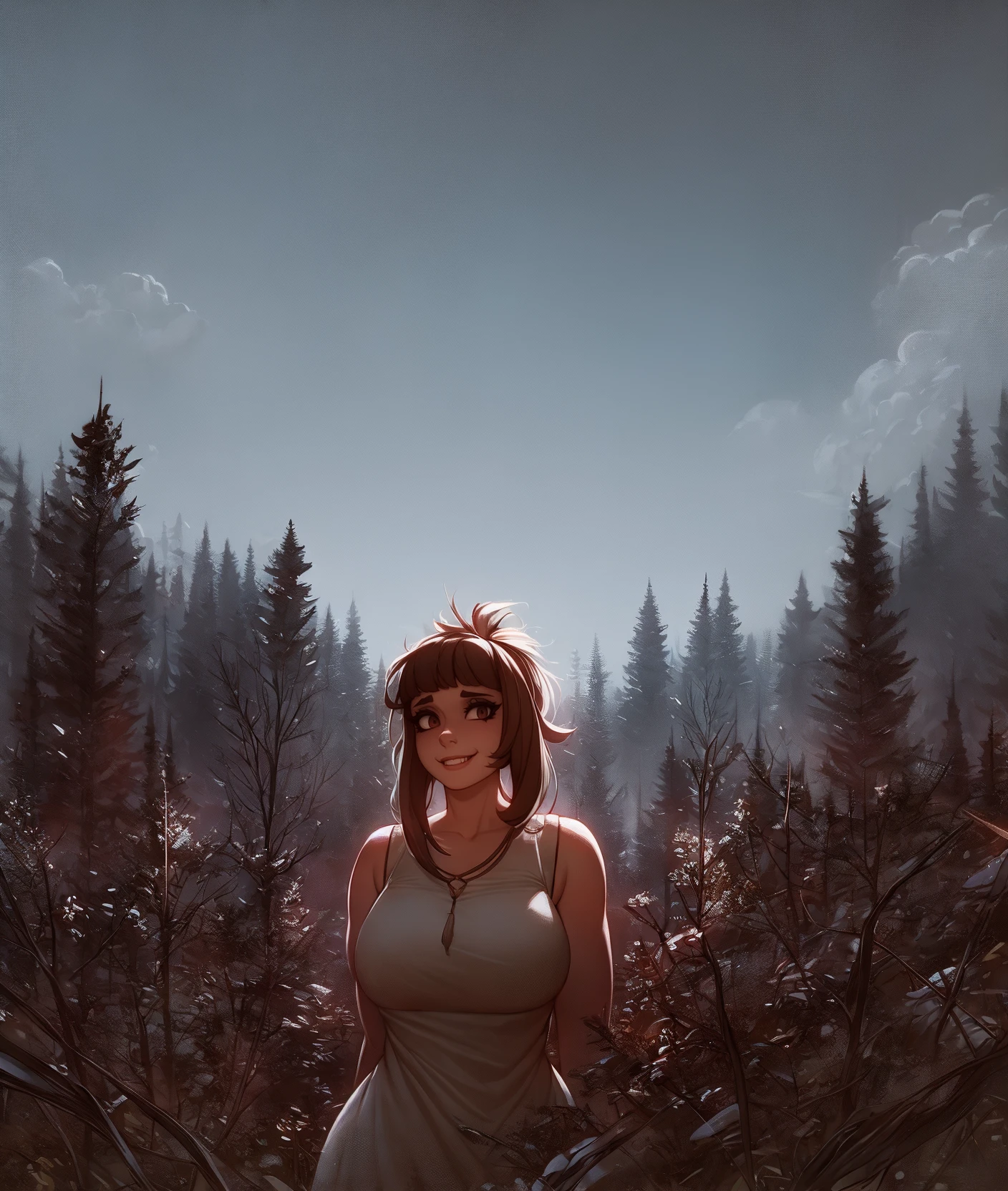 (high_aesthetic:1.2), art by tashoelle, art by kipteitei, beach, (Camille Pissarro art style),
plump, masterpiece, impressionism, 1girl, (solo), mature female, dress, cloud, sky, forest, (upper body), looking at viewer, smile, arms behind back, messy hair