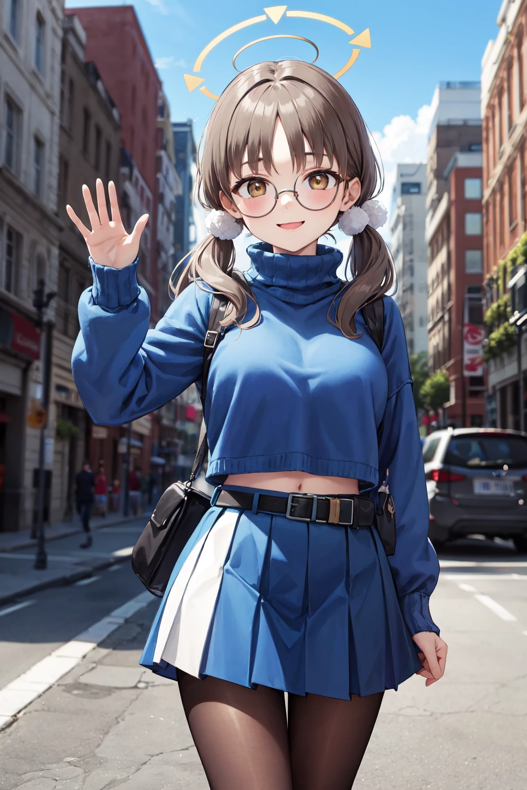 masterpiece,best quality,highres,ultra-detailed,aamoe,halo,fake animal ears,rabbit ears,glasses,round eyewear,long hair,low twintails,pom pom hair ornament,bangs,large breasts,blue sweater,cropped sweater,turtleneck,long sleeves,belt pouch,belt,pouch,(pleated skirt:1.4),two-tone skirt,(brown pantyhose:1.2),boots,black footwear,<lora:moe_(blue_archive):0.6>,outdoors,cowboy shot,smile,waving,standing,