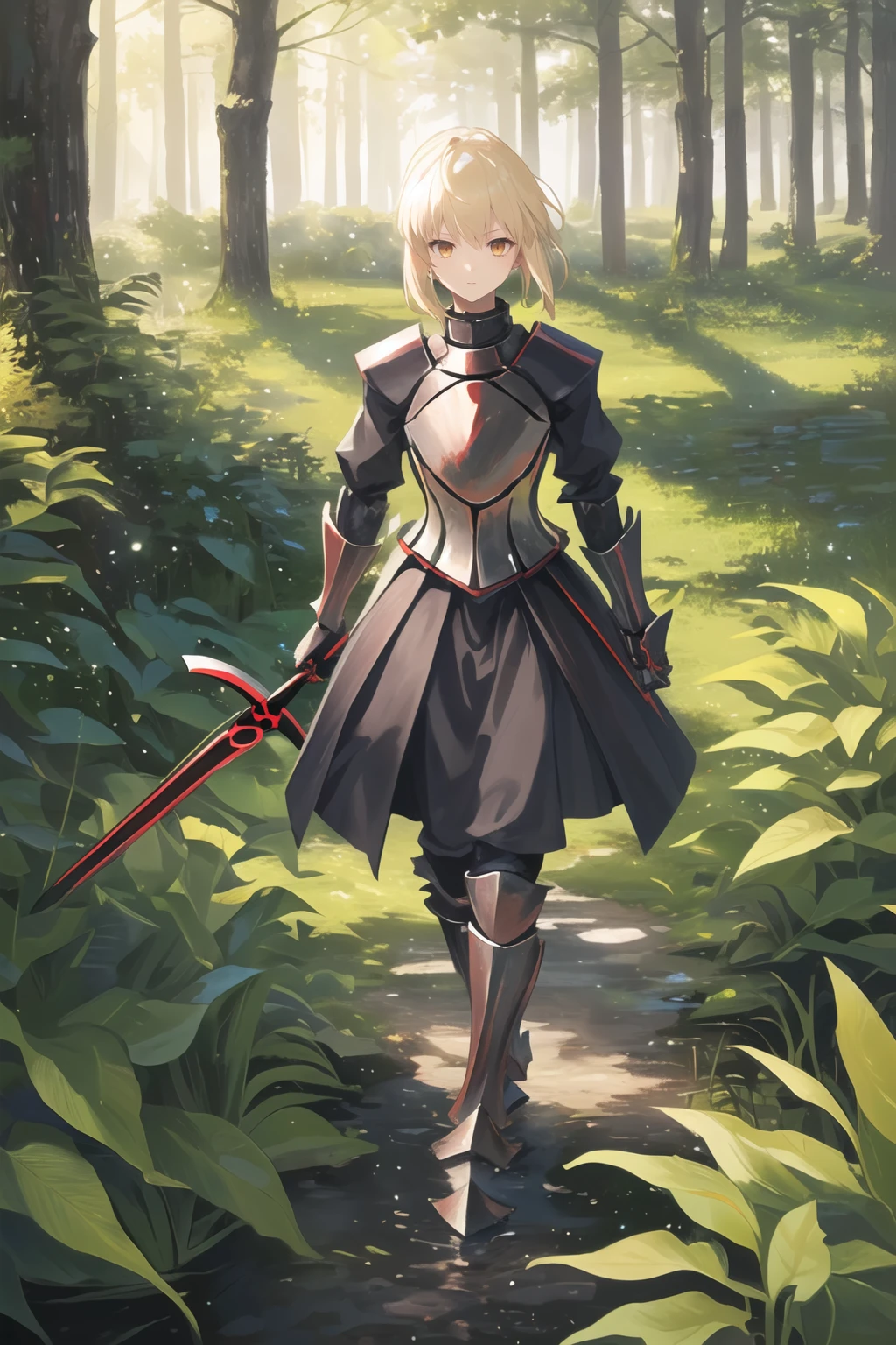 (high quality, high resolution:1.3), 4k, masterpiece, detailed background, forest, thick foliage, tall trees, peaceful ,
BREAK 
<lora:Saber_Alter-12:0.85>  Saber_Alter,armored dress, gauntlets, black armor, black armored dress, breastplate, armored dress, armor,faulds , sword, holding, excalibur \(fate/stay night\), excalibur morgan \(fate\), weapon, <lora:GoodHands-beta2:1.0><lora:GoodHands-beta2:1.0>