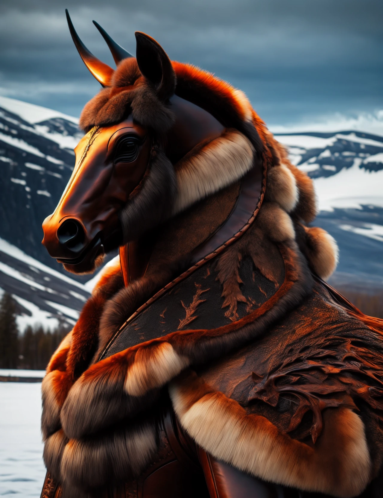 hyper detailed masterpiece, dynamic, awesome quality, DonMR31nd33r, leather, fur, strigoi, shape shifting water spirit, horse in humanoid shape, mane, coat, drips water, lures victims, dark sleek coat, eyes supernatural alluring quality, webbed hooves <lora:DonMR31nd33r:0.8>