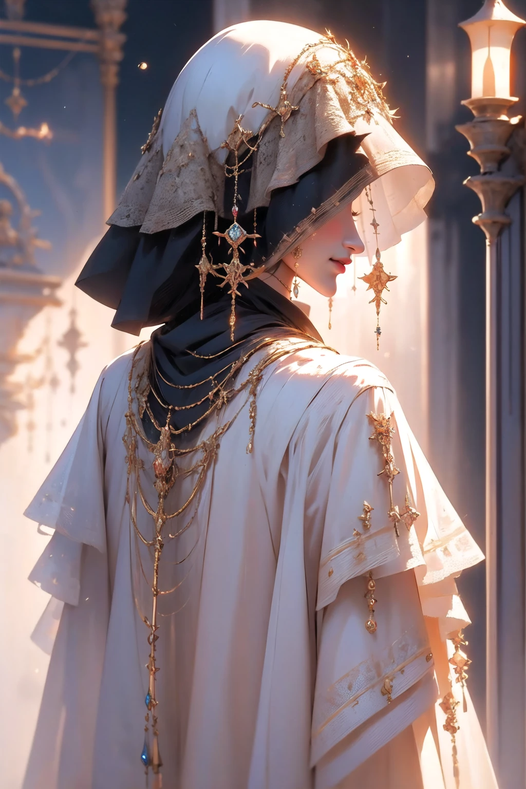 <lora:wrenchshadowshroud-000009:0.85>, wrenchshadowshroud, 1girl, light smile, jewelry, necklace, earrings, yellow dress, from behind,