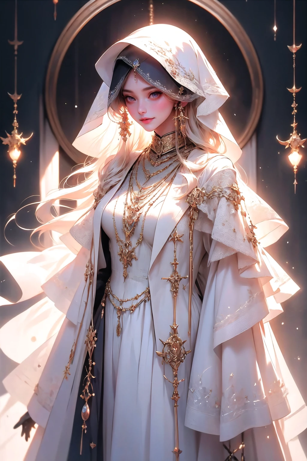 <lora:wrenchshadowshroud-000009:0.8>, wrenchshadowshroud, 1girl, light smile, gown, (long hair:1.2), white hair, gloves, white dress, jewelry, necklace, earrings,