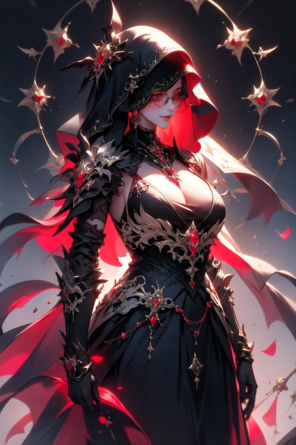 <lora:wrenchshadowshroud-000009:0.75>, wrenchshadowshroud, 1girl, light smile, gown, jewelry, necklace, earrings, <lora:sc_nyx:0.9>, sc_nyx, red eyes, large breasts, cleavage, semi-rimless eyewear, simple background,