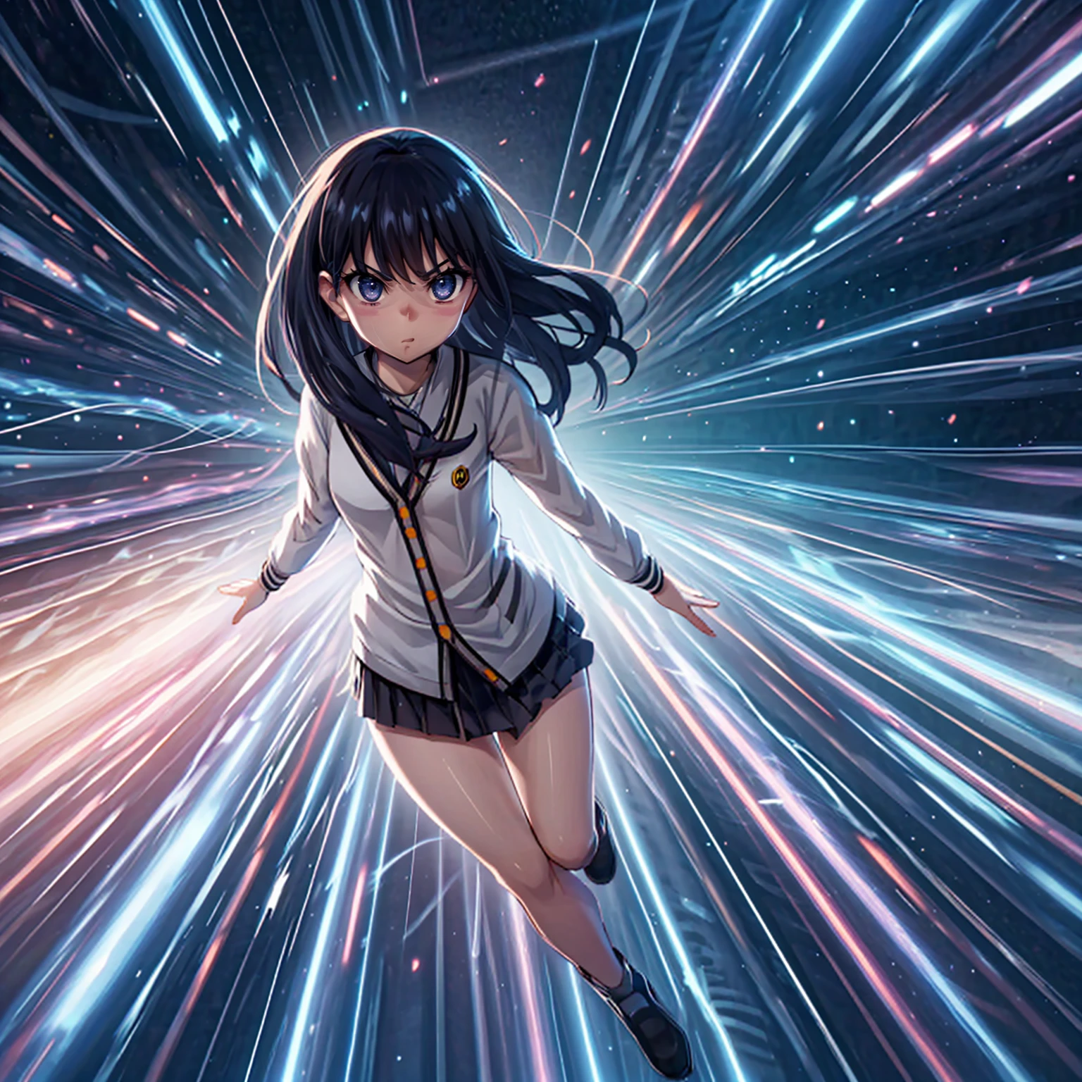 <lora:LCM_LoRA_Weights_SD15:1>,masterpiece,best quality,highly detailed,1girl,solo,serious,concentrating,v-shaped eyebrows,
<lora:takarada_rikka_v1:0.7>,takarada rikka, black hair, blue eyes, long hair,
BREAK
<lora:warp:0.6>,(warp,floating,warp space,motion lines),motion blur,gradient background,reaching,looking at viewer,vanishing point,light rays,