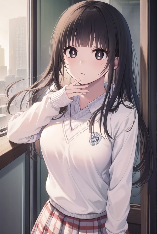 minamishirahama, <lora:minami shirahama manga-lora-nochekaiser:1>,
minami shirahama, long hair, bangs, blunt bangs, (black eyes:1.5), (bright pupils:1.5),
BREAK skirt, plaid, plaid skirt, sweater, long sleeves, shirt, white shirt, collared shirt, (white sweater:1.5),
BREAK indoors, classroom,
BREAK looking at viewer, (cowboy shot:1.5),
BREAK <lyco:GoodHands-beta2:1>, (masterpiece:1.2), best quality, high resolution, unity 8k wallpaper, (illustration:0.8), (beautiful detailed eyes:1.6), extremely detailed face, perfect lighting, extremely detailed CG, (perfect hands, perfect anatomy),