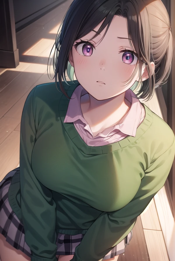 asahishounan, <lora:asahi shounan manga-lora-nochekaiser:1>,
asahi shounan, short hair, ponytail, (parted bangs:1.5), (pink eyes:1.3),
BREAK skirt, plaid, plaid skirt, sweater, long sleeves, shirt, white shirt, collared shirt, (green sweater:1.5),
BREAK indoors, classroom,
BREAK looking at viewer, (cowboy shot:1.5),
BREAK <lyco:GoodHands-beta2:1>, (masterpiece:1.2), best quality, high resolution, unity 8k wallpaper, (illustration:0.8), (beautiful detailed eyes:1.6), extremely detailed face, perfect lighting, extremely detailed CG, (perfect hands, perfect anatomy),