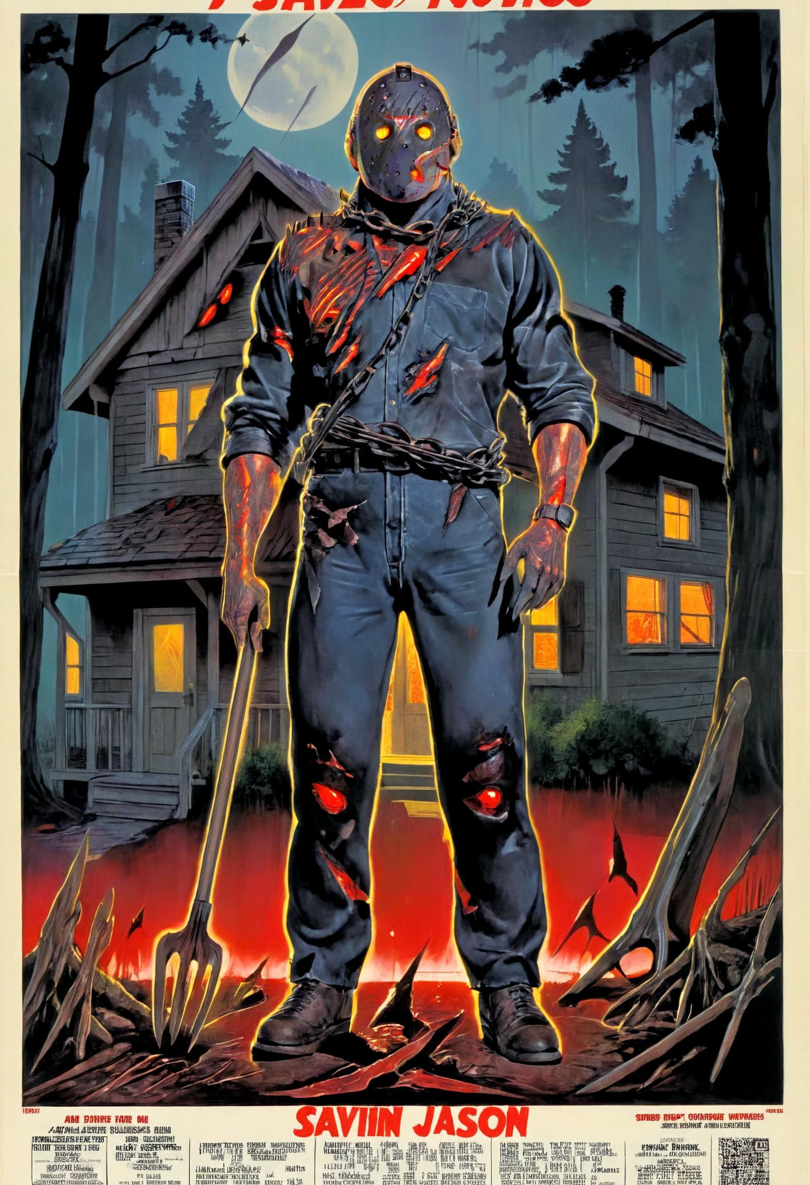 Movie Poster page for a 1980's sleazy horror movie where savinijason is standing in front of a cottage, holding a pitchfork complete with credits, <lora:savinijason:1>, <lora:Movie Poster:1>, <lora:add-detail-xl:1>