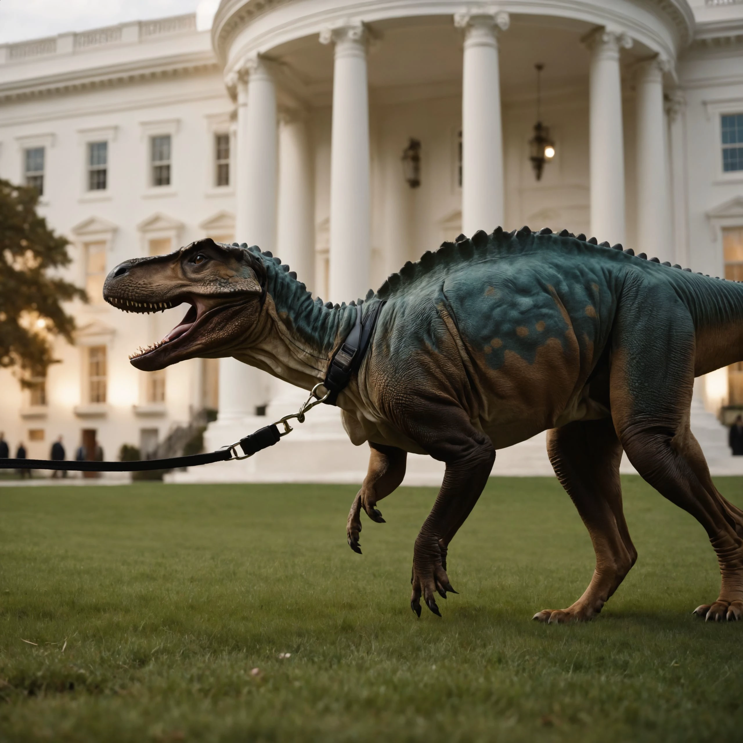 cinematic photo Colour documentary Photograph , a Dinosaur as a pet  (((on a dog lead))) being walked outside the Whitehouse by a (((Barrack Obamam))), cinematic  photorealistic, 8k uhd natural lighting, raw, rich, intricate details, key visual, atmospheric lighting, 35mm photograph, film, bokeh, professional, 4k, highly detailed . 35mm photograph, film, bokeh, professional, 4k, highly detailed