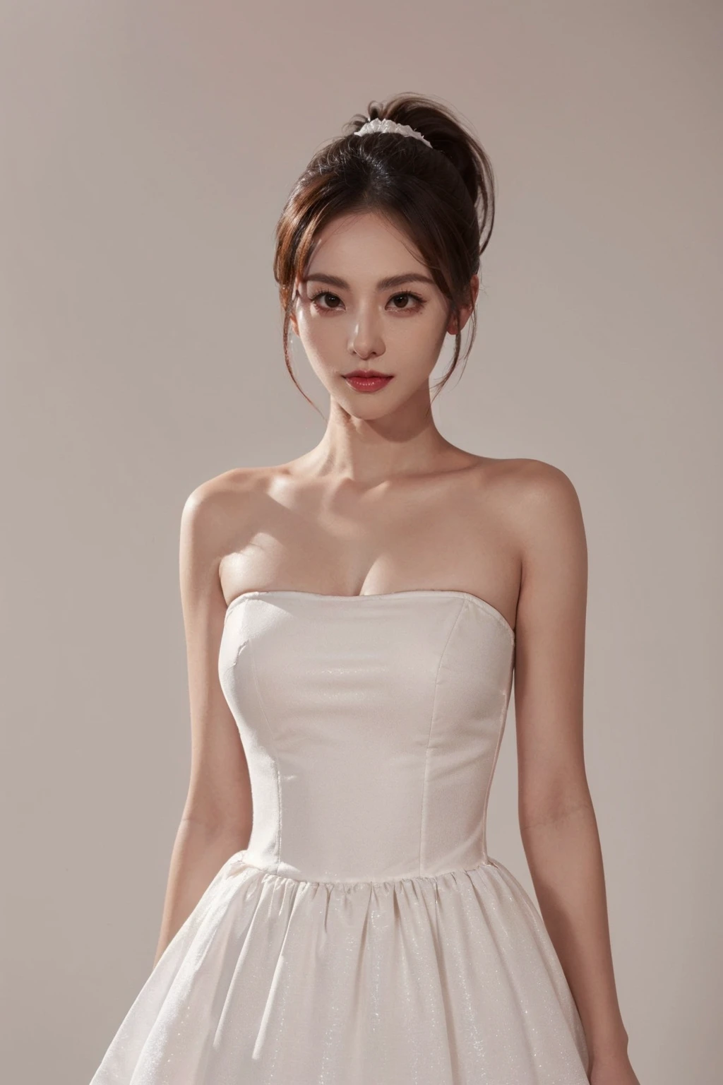 masterpiece,best quality,1girl,upper body,looking at viewer, standing,
black dress, strapless dress, princess tutu, folded ponytail,
brown hair, long hair, breasts,
white background,
<lora:jiani:0.5>