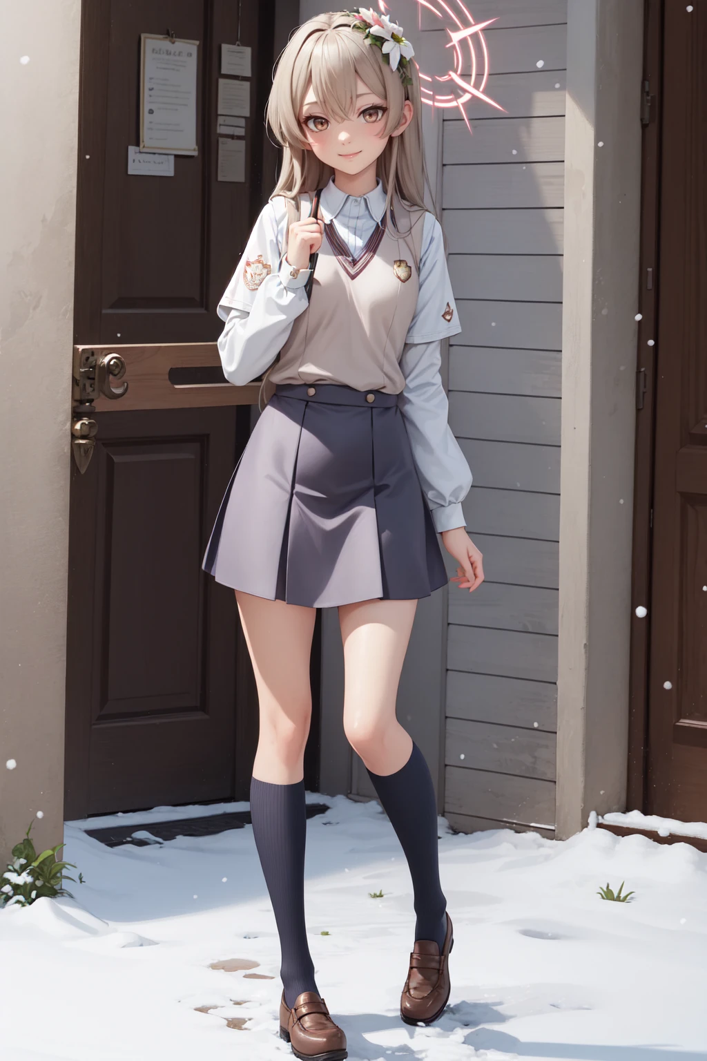 (masterpiece:1.3), (absurdres:1.3), (best quality:1.3), (ultra-detailed:1.3), snow, outdoors, full body, hand back, smile, 1girl, nagisa-fi, halo, <lora:nagisa-fi-09:1>, tokiwadai school uniform,  <lora:tokiwadai_school_uniform:1>