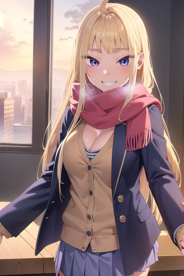minamifuyuki, <lora:minami fuyuki manga-lora-nochekaiser:1>,
minami fuyuki, long hair, blonde hair, (purple eyes:1.1), ahoge, sidelocks, smile, grin,
BREAK cleavage, skirt, school uniform, jacket, pleated skirt, boots, scarf, blazer, cardigan, blue jacket, grey skirt, red scarf, pink cardigan,
BREAK indoors, classroom,
BREAK looking at viewer, (cowboy shot:1.5),
BREAK <lyco:GoodHands-beta2:1>, (masterpiece:1.2), best quality, high resolution, unity 8k wallpaper, (illustration:0.8), (beautiful detailed eyes:1.6), extremely detailed face, perfect lighting, extremely detailed CG, (perfect hands, perfect anatomy),