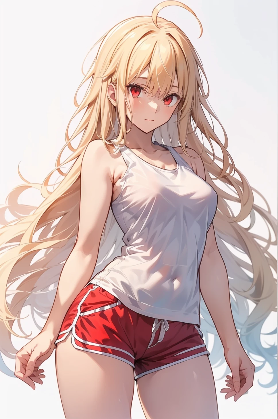 arcueid, blonde hair, red eyes, long hair, very long hair, bangs, ahoge, sidelocks, looking at viewer, white background,  dolphin shorts, tank top,