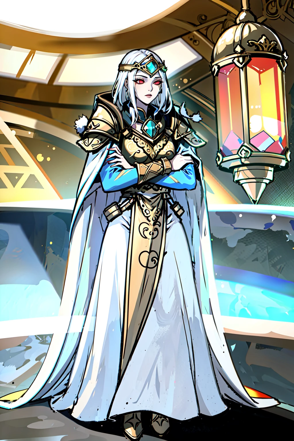 1girl,cassiart,full body,dress,long dress,standing,armor,shoulder armor,pauldrons,crossed arms,gothic,in spaceship,ornate,red eyes,medium hair,gem,colored skin,white hair,<lora:CassiaRT1:0.7>, <lora:LORA-XenoDetailer-v2:0.1>, ((masterpiece), best quality, high quality, professional quality, highly detailed, highres, perfect lighting, natural lighting)