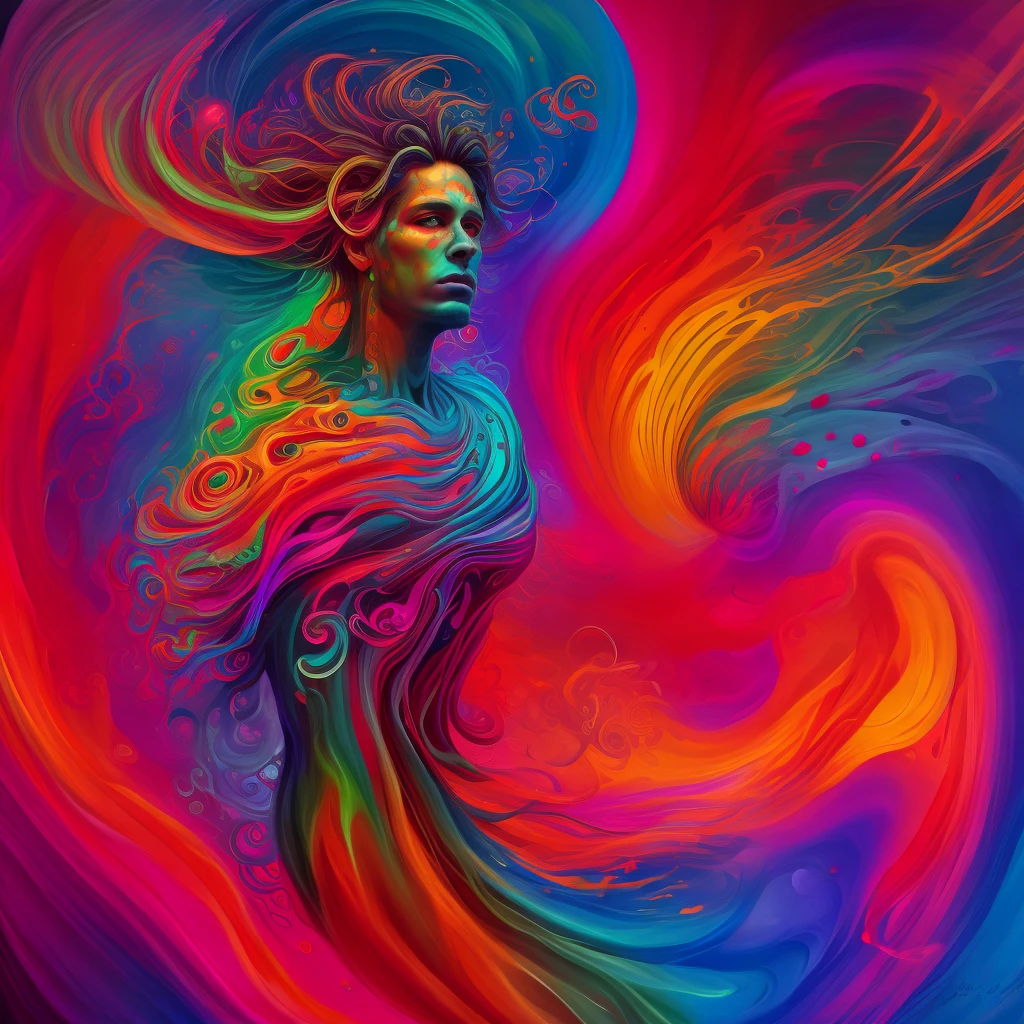 psychedelic style male, (modele pose, epic:1.0) . vibrant colors, swirling patterns, abstract forms, surreal, trippy