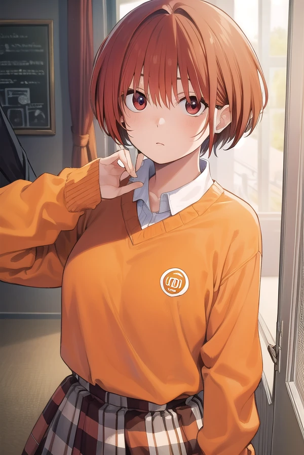 tomonanba, <lora:tomo nanba manga-lora-nochekaiser:1>,
tomo nanba, short hair, (red hair:1.5), (red eyes:1.3),
BREAK skirt, plaid, plaid skirt, sweater, long sleeves, shirt, white shirt, collared shirt, (orange sweater:1.5),
BREAK indoors, classroom,
BREAK looking at viewer, (cowboy shot:1.5),
BREAK <lyco:GoodHands-beta2:1>, (masterpiece:1.2), best quality, high resolution, unity 8k wallpaper, (illustration:0.8), (beautiful detailed eyes:1.6), extremely detailed face, perfect lighting, extremely detailed CG, (perfect hands, perfect anatomy),